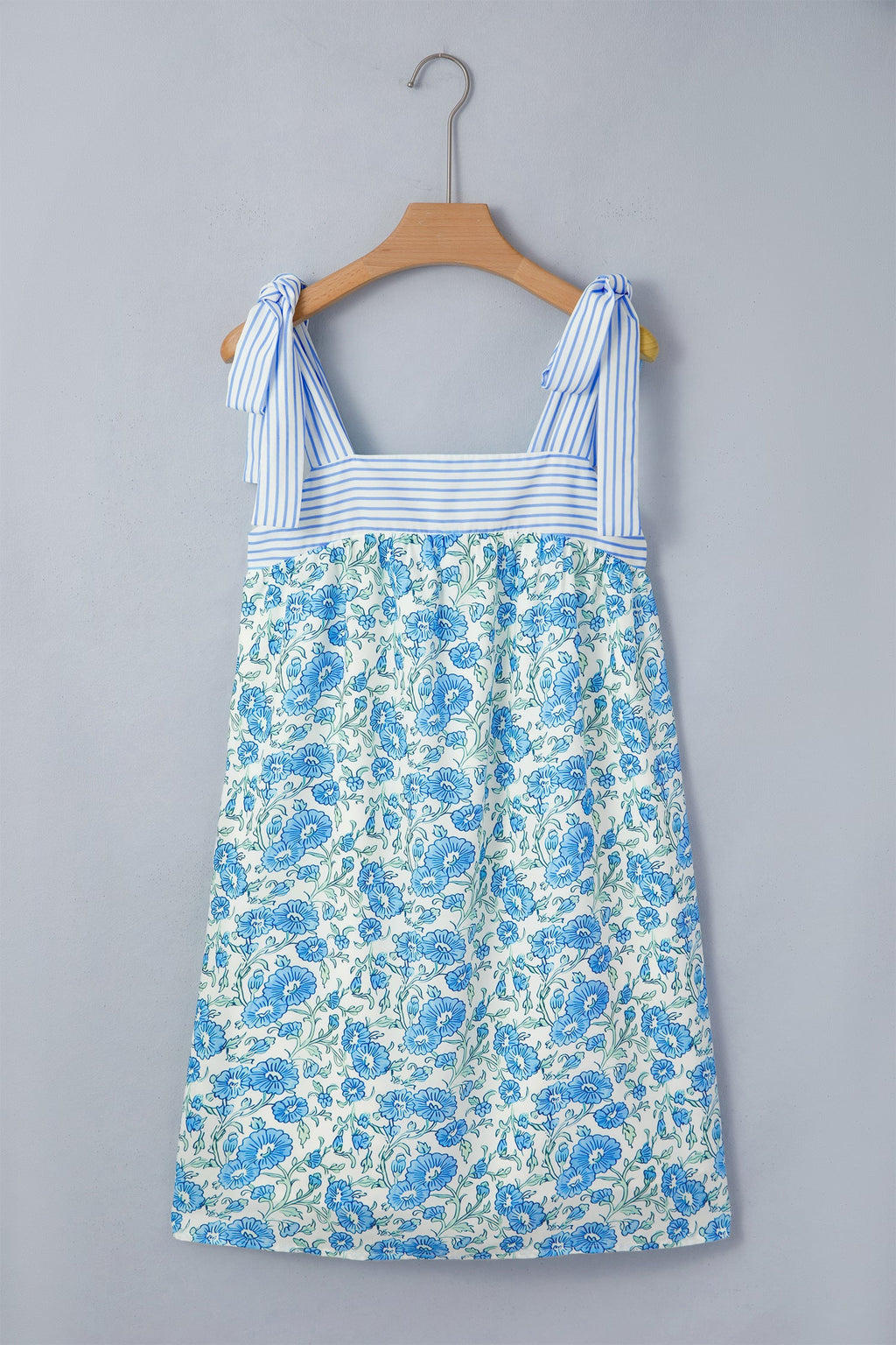 Sky Blue Floral Print Striped Patchwork Bow Knot Straps Mini Dress