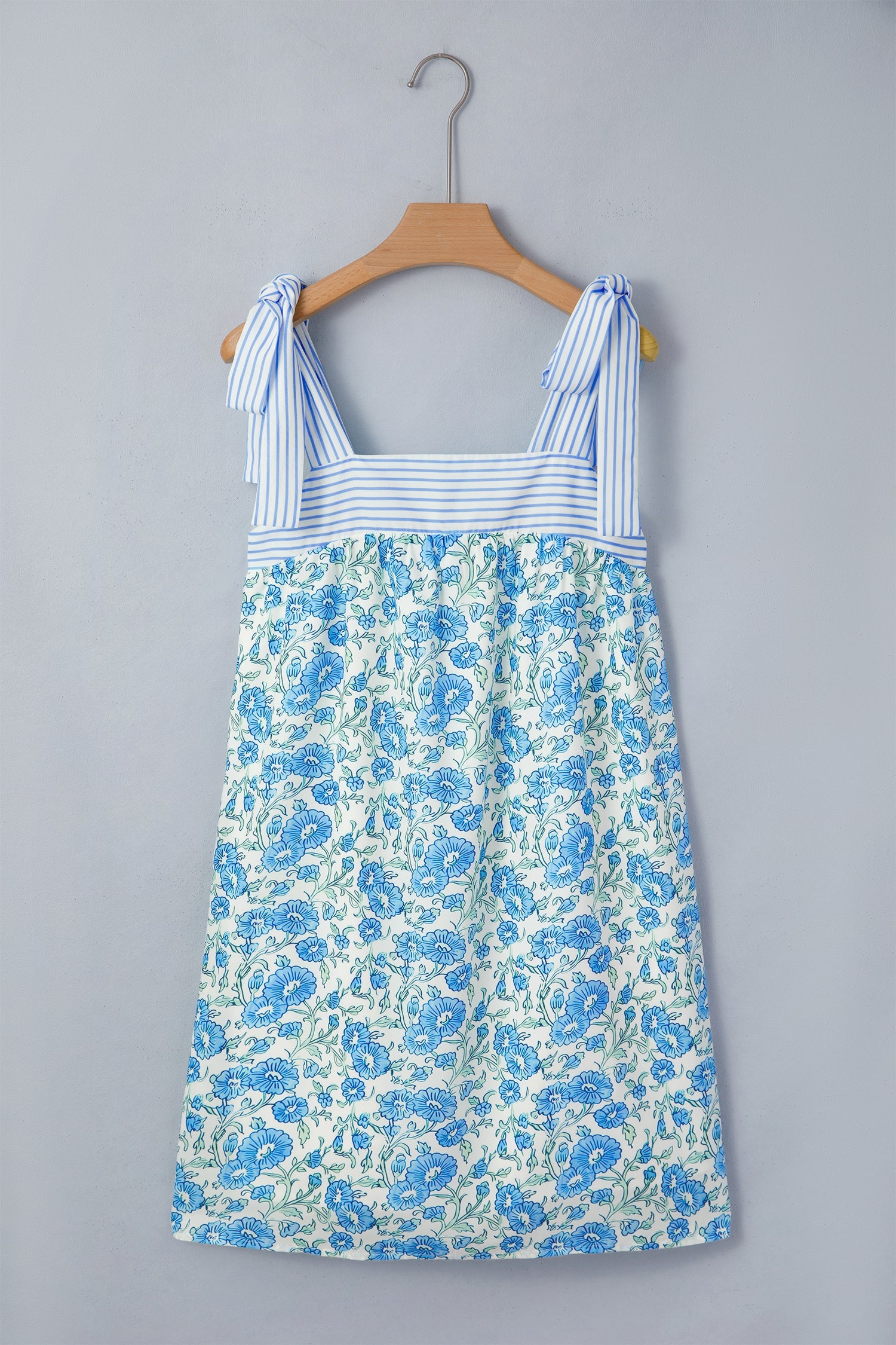 Sky Blue Floral Print Striped Patchwork Bow Knot Straps Mini Dress