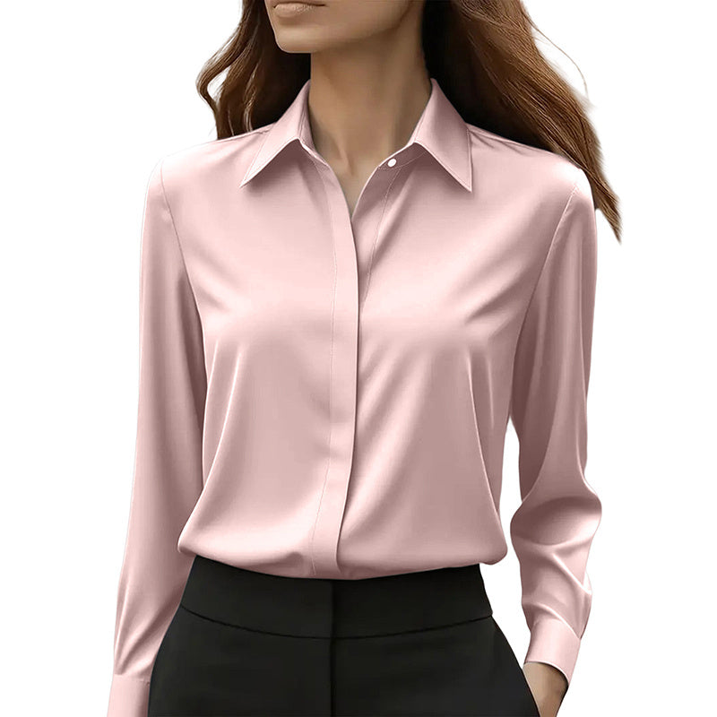 Loose Fit Satin Blouse — V-Neck Long Sleeve Tunic Top for Office & Casual Wear