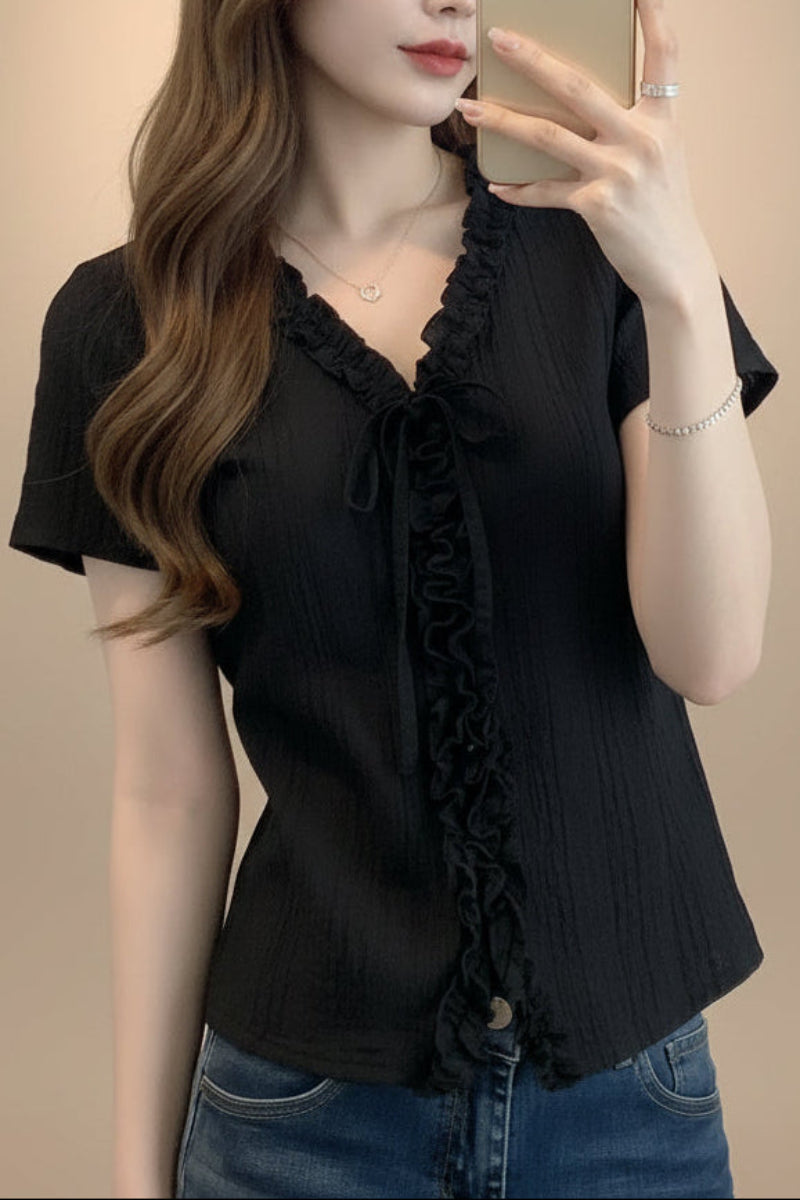 V-Neck Ruffle Sleeve Solid Color Top | Asymmetric Linen Blend