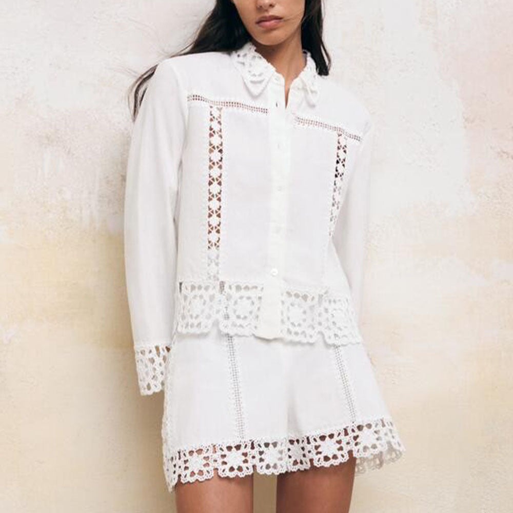 Women's Hollow-Out Patchwork Tassel Coat – Long Sleeve Lapel Button-Down Jacket
